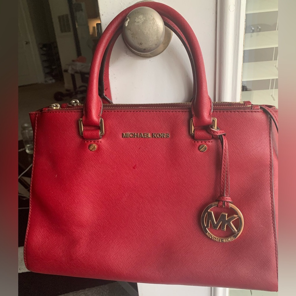 Michael Kors Saffiano Leather Double Zip Side Snap MK Charm Satchel Bag GUC